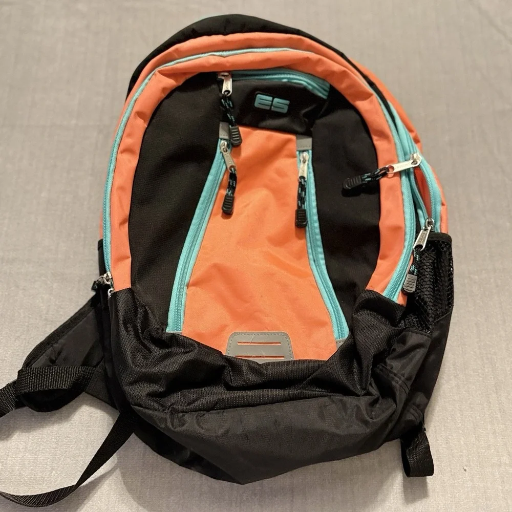 ES Backpack Coral Black Aqua School Travel Laptop Book Bag Multi Pocket‎